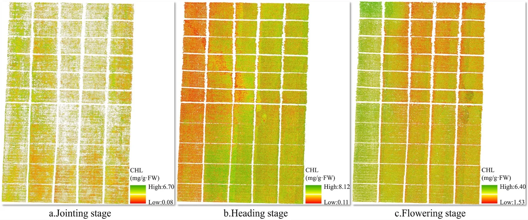Predicted chlorophyll across the whole field. Green is high, red is low — this one map replaces dozens of hand-sampled points.