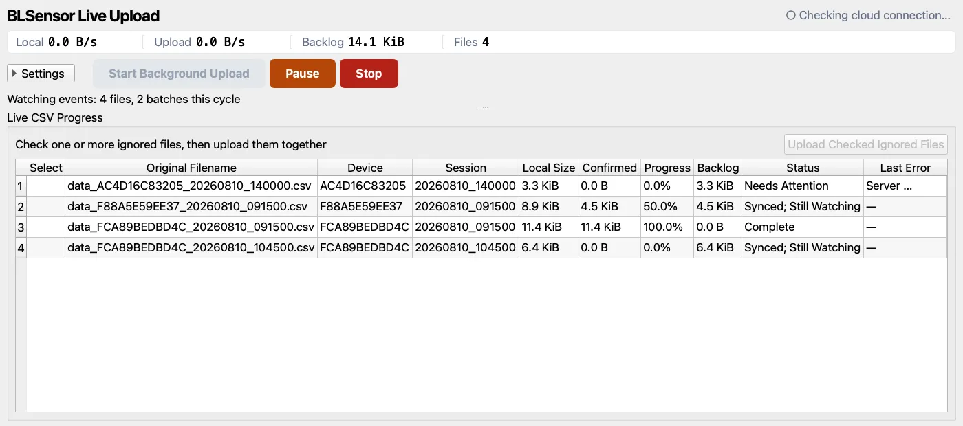 The uploader. Local write rate, upload rate and backlog are shown live, so it is immediately obvious whether data is keeping up. Below is per-file progress; on first run it asks whether to backfill pre-existing files, and that decision is remembered so they can be uploaded later on demand.