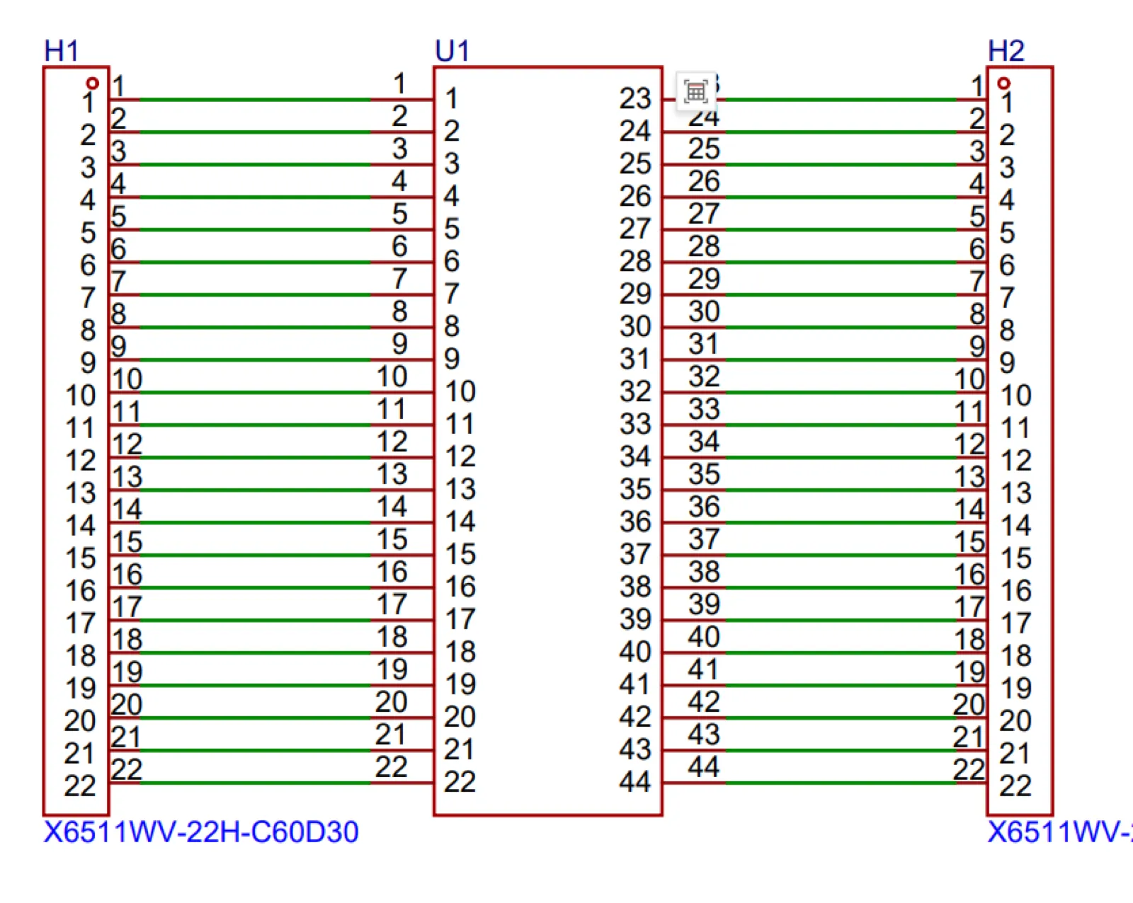 The adapter schematic. All 44 chip pins fan out to two 22-pin headers — the chip pitch is 1.27 mm and a breadboard needs 2.54 mm, and bridging exactly that gap is what this board is for.